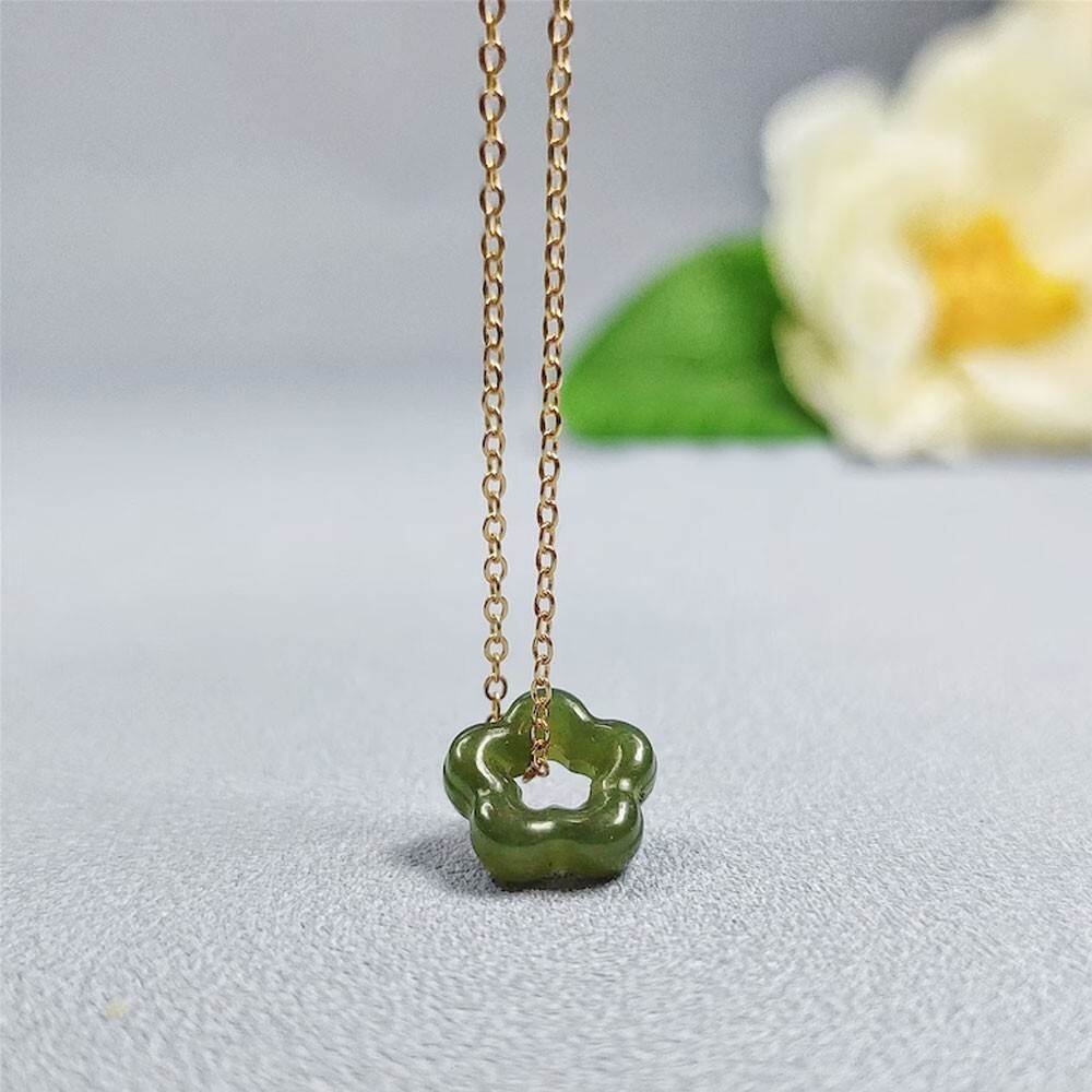 Dark Green Jade Flower Shaped Pendant Healing Protection Dainty Women Necklace