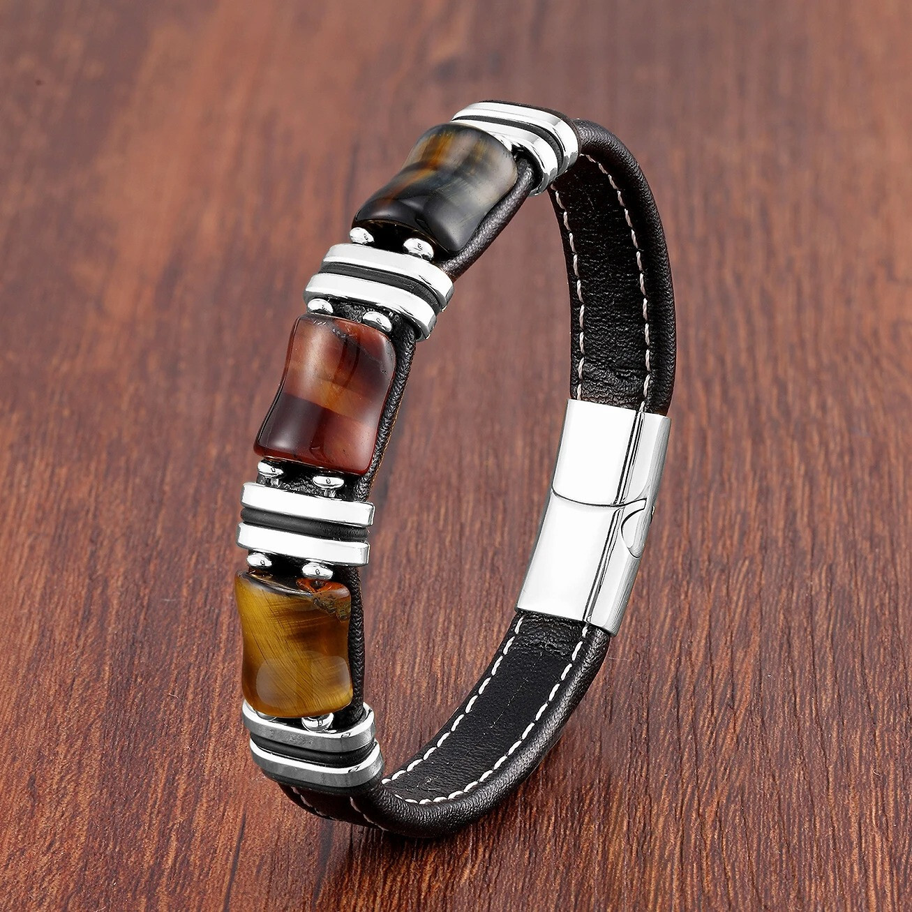 Pulsera De Acero Inoxidable Con Piedra Ojo De Tigre Para Hombre Cadena De Cuero