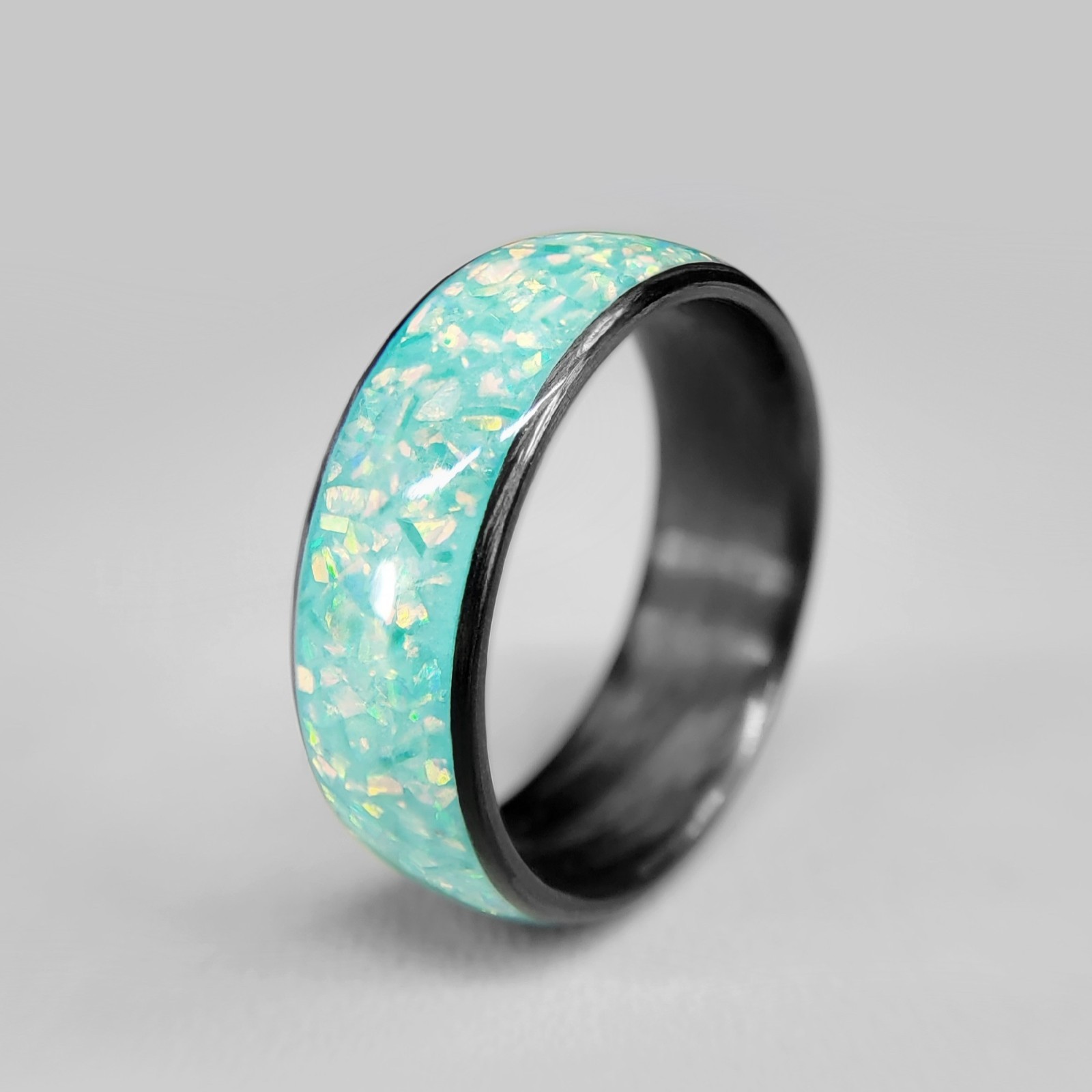 Carbon Fiber Ring Jade Opal Inlay Glows Aqua, USA Made, Lightweight Band