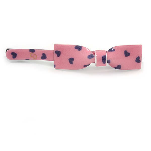 1Pcs Pink with Purple Hearts Acrylic Bow Hair Grip/ Slide In Black Tone Metal –