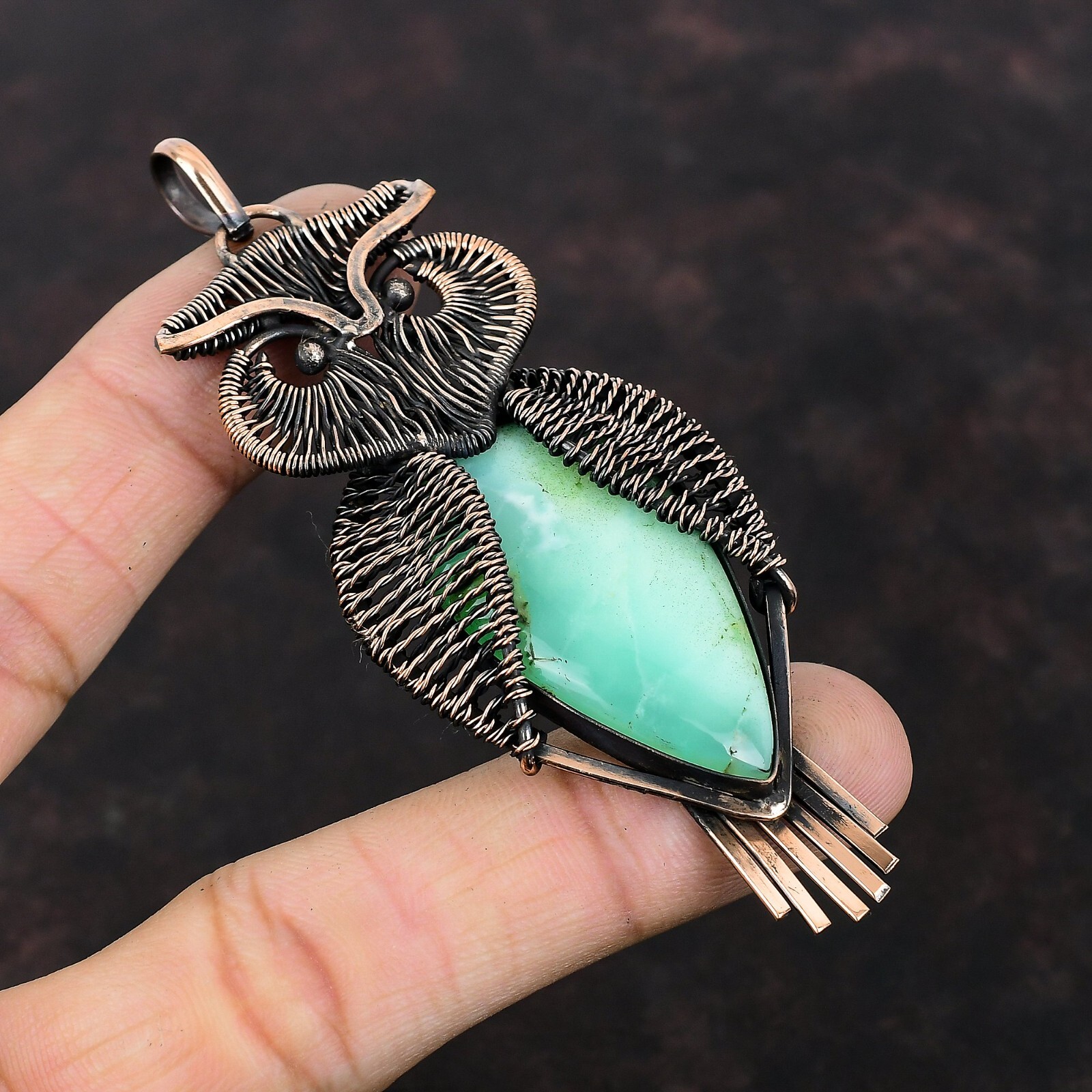 Chrysoprase Wire Wrapped Owl Pendant Handcrafted Copper Unique Jewelry 3.62″