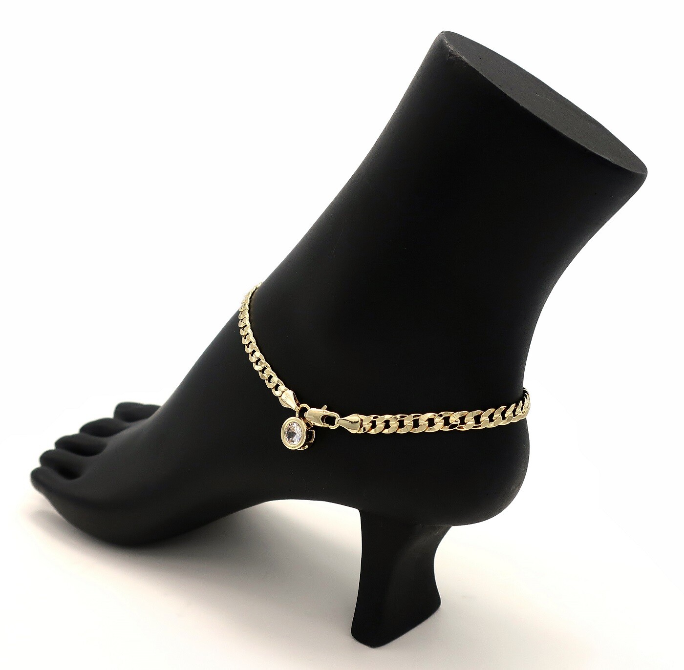 10″ CONCAVE CUBAN LINK CHAIN 5mm ANKLET CUBIC ZIRCONIA BRACELET 14K GOLD PLATED