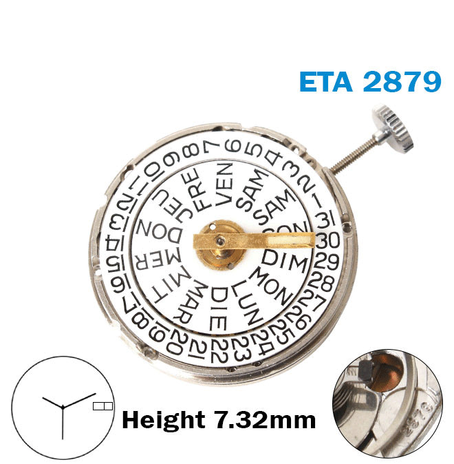 ETA 2879-GABARIT 3HZ-Automatic Movement-White Day/Date Disk At 3-3Hands-H:7.32mm