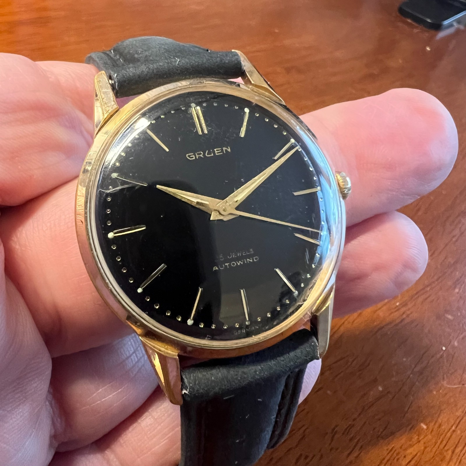 Vintage Gruen Automatic Watch, Gold Tone Case, Black Dial, Mid-Century Men’s