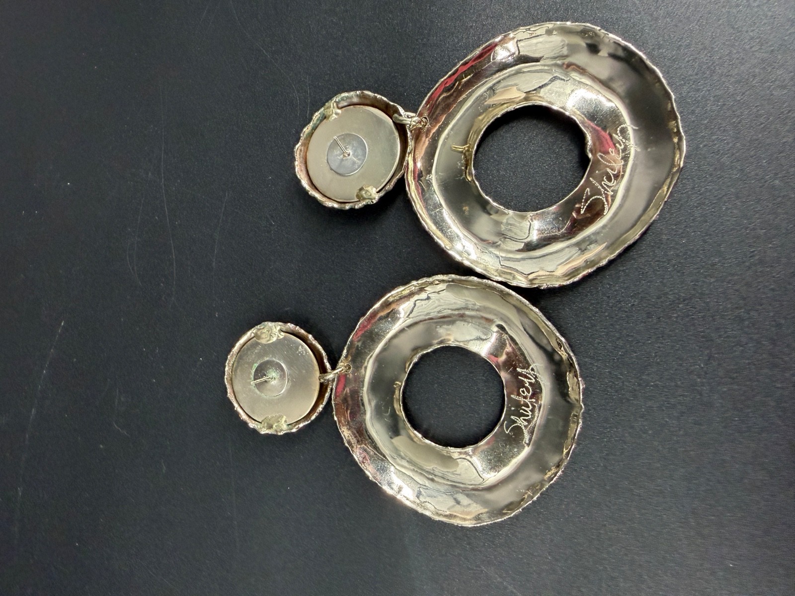 Vtg Modernist Silver Tone Earrings Artisan Signed Shirley Dangle Door Knockers