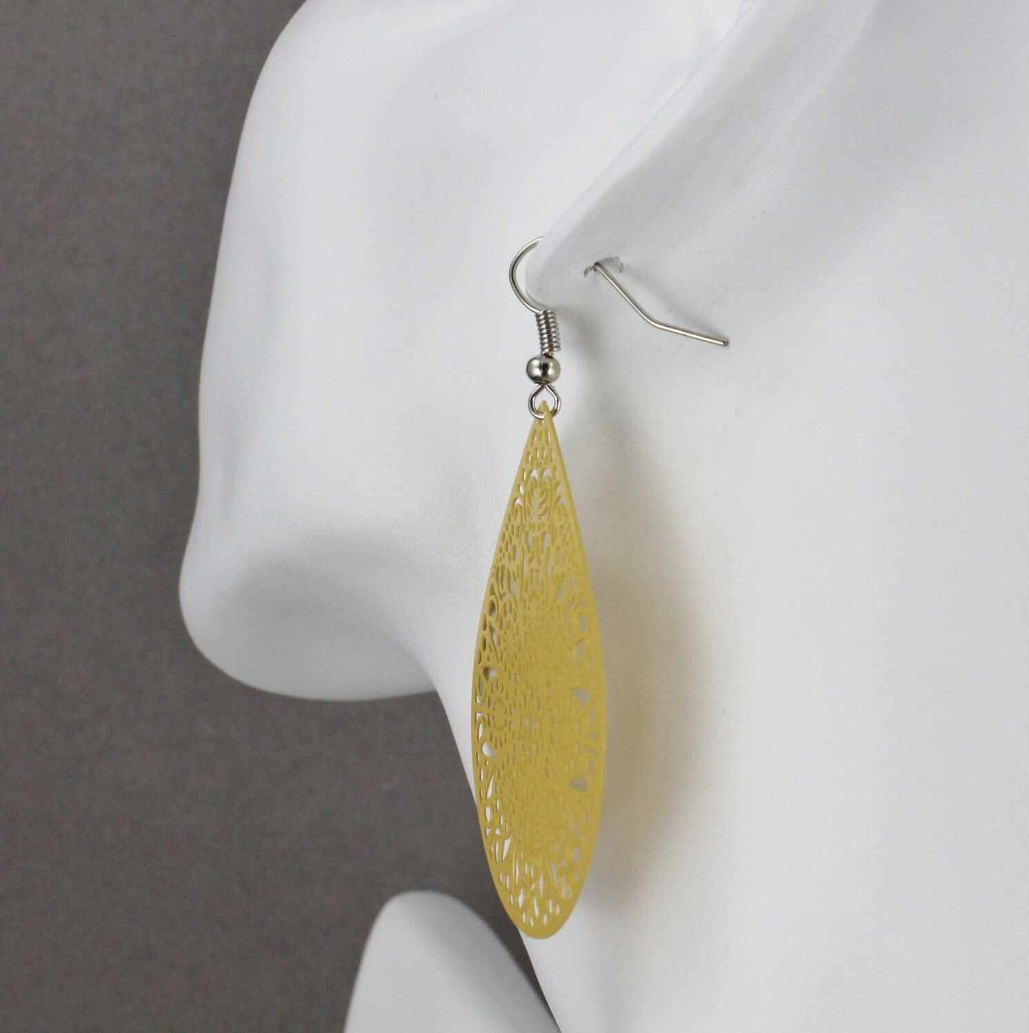 mustard yellow earrings teardrop dangle VERY lightweight oval filigree 2.5″ long