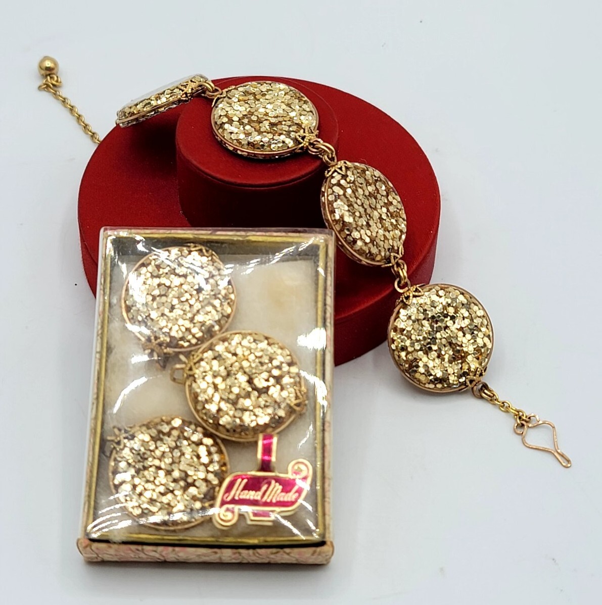 Vtg Rare Set HILLCRAFT Bracelet & Earrings Glitter Lucite Gold Filled Jewelry
