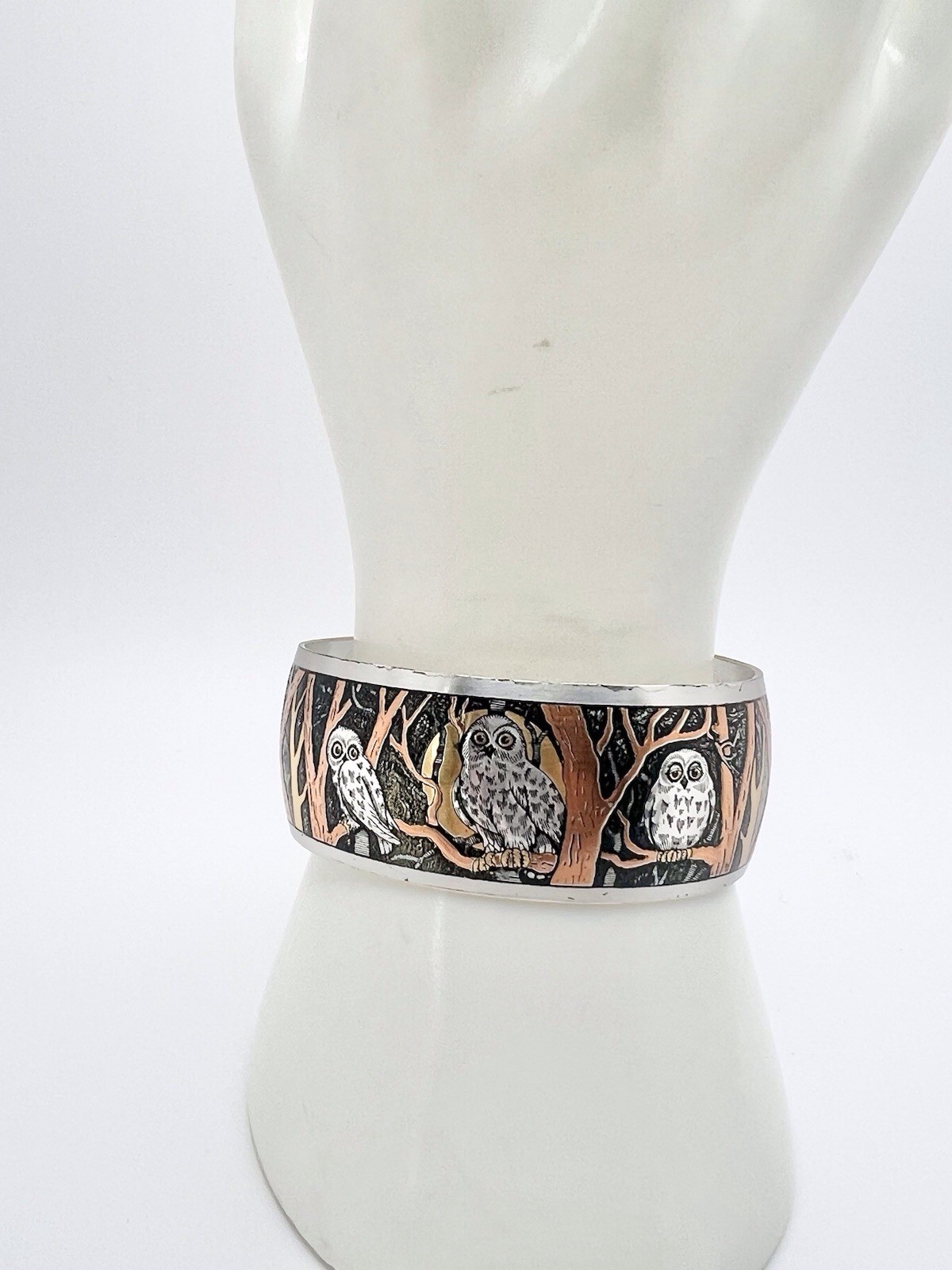 Vintage OWL Spooky REED & BARTON Damascene Cuff Bracelet Dangle Earrings Set