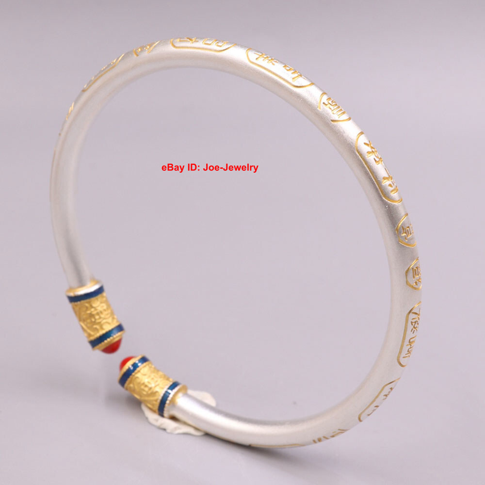 Pure Fine Silver S999 Women’s Open Bangle Fit Wrist 2.36inch Golden Lucky Words