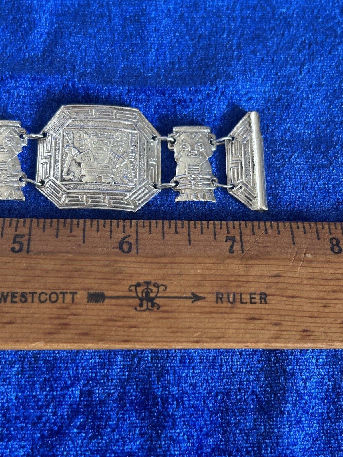 Vintage Estate Sterling Silver Inca Guardians Panel Bracelet Handmade Peru Old