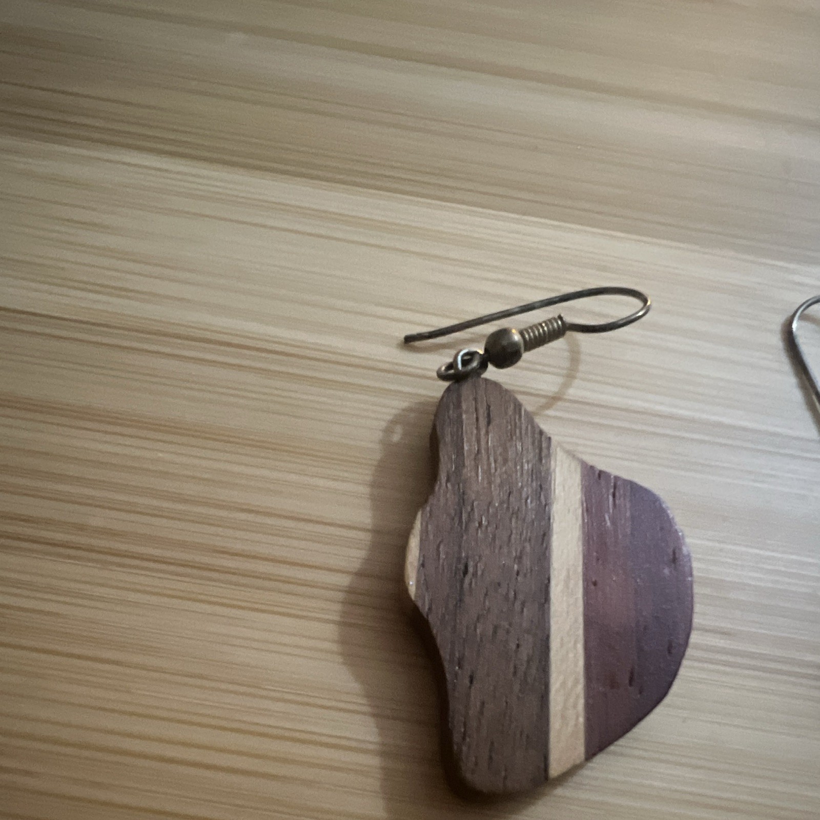 Handcrafted Brown Wood Dangle/Drop Earrings Asymmetrical Stripe Hook Closure