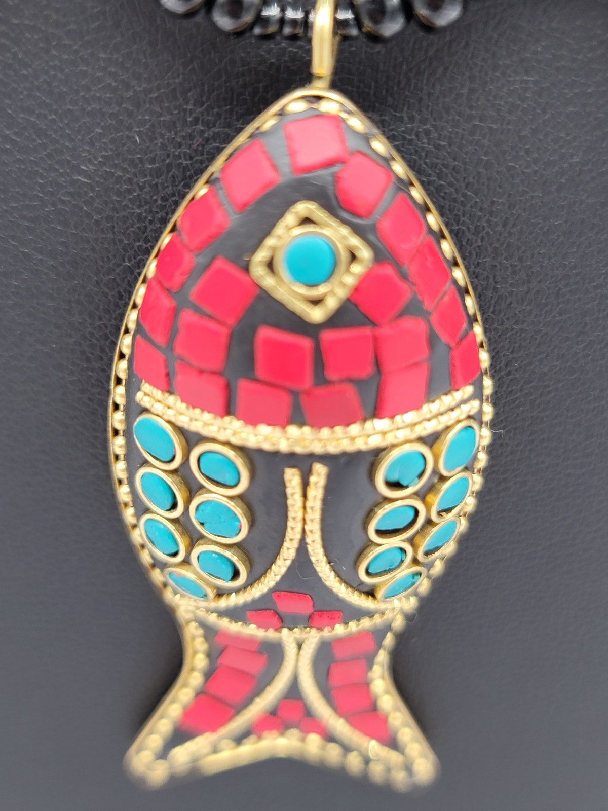 Red Turquoise Black Gold Beaded Necklace Fish Charm Pendant Lobster Clasp