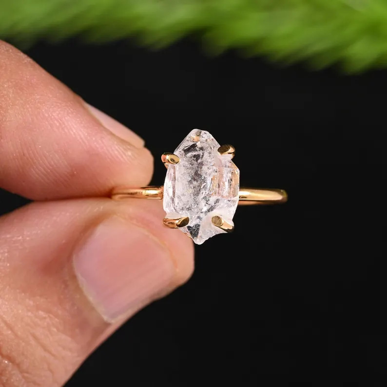 Natural Raw Herkimer Diamond Crystal 14k Gold Ring | Handmade Boho Jewelry