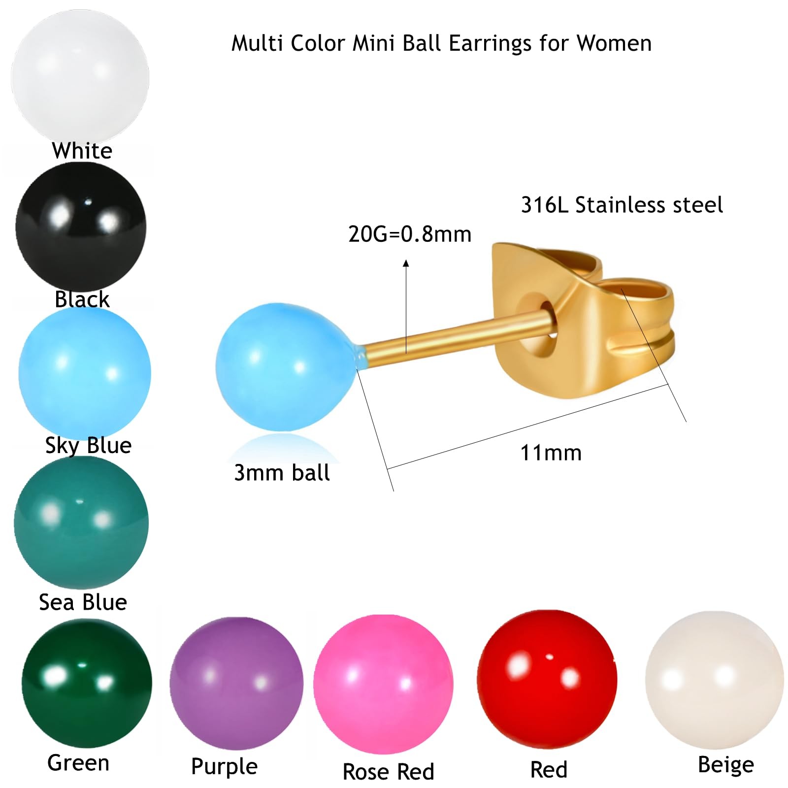 14K Gold Surgical Steel Small Ball Stud Earrings for Women Men Hand Painted E…