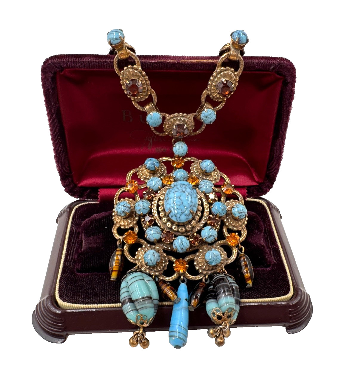 LOUIS ROUSSELET FAB ANTIQUE RENAISSANCE REV NECKLACE HAND POURED TURQUOISE GLASS