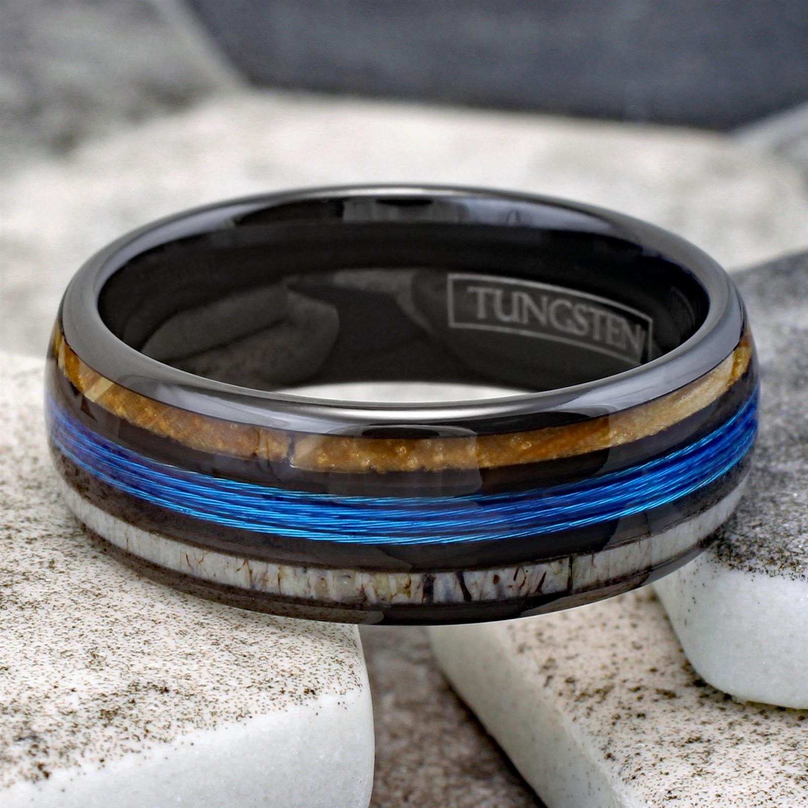 Tungsten Carbide Men’s Ring Blue Fishing Line-Whiskey Barrel & Deer Antler Band