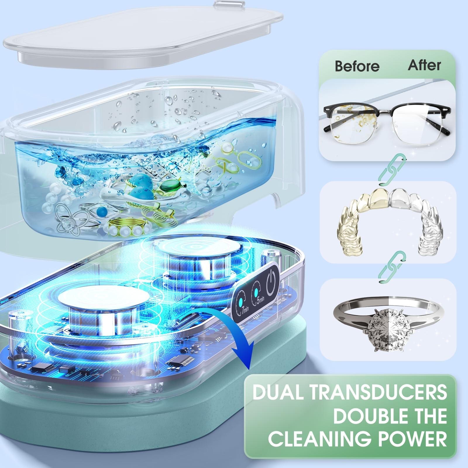 Ultrasonic Jewelry Cleaner 50KHz with Digital Timer – Stainless Steel for Rings,