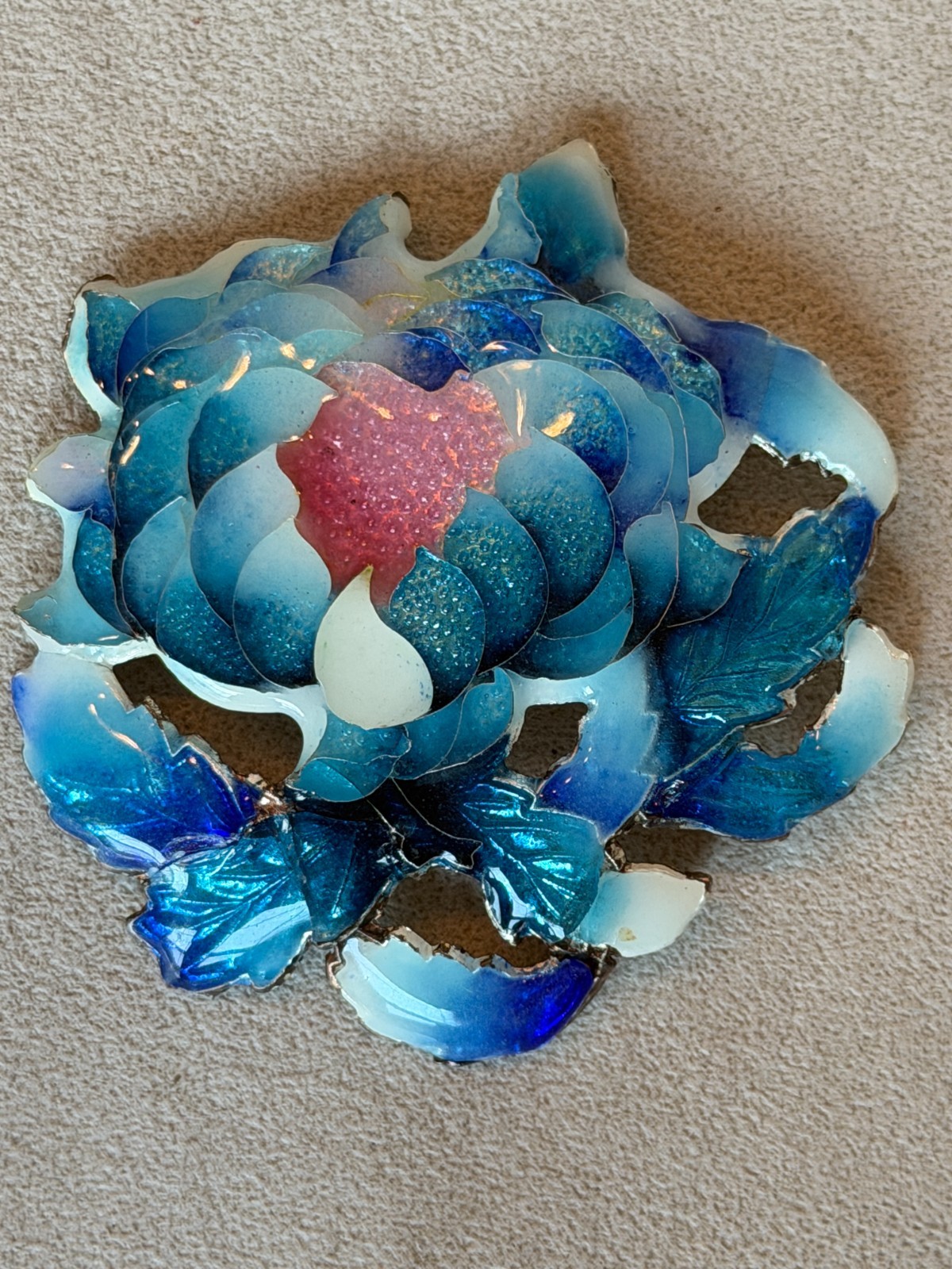 vintage Asian brooch pin silver blue glass enameled peony w pink center 2.5″