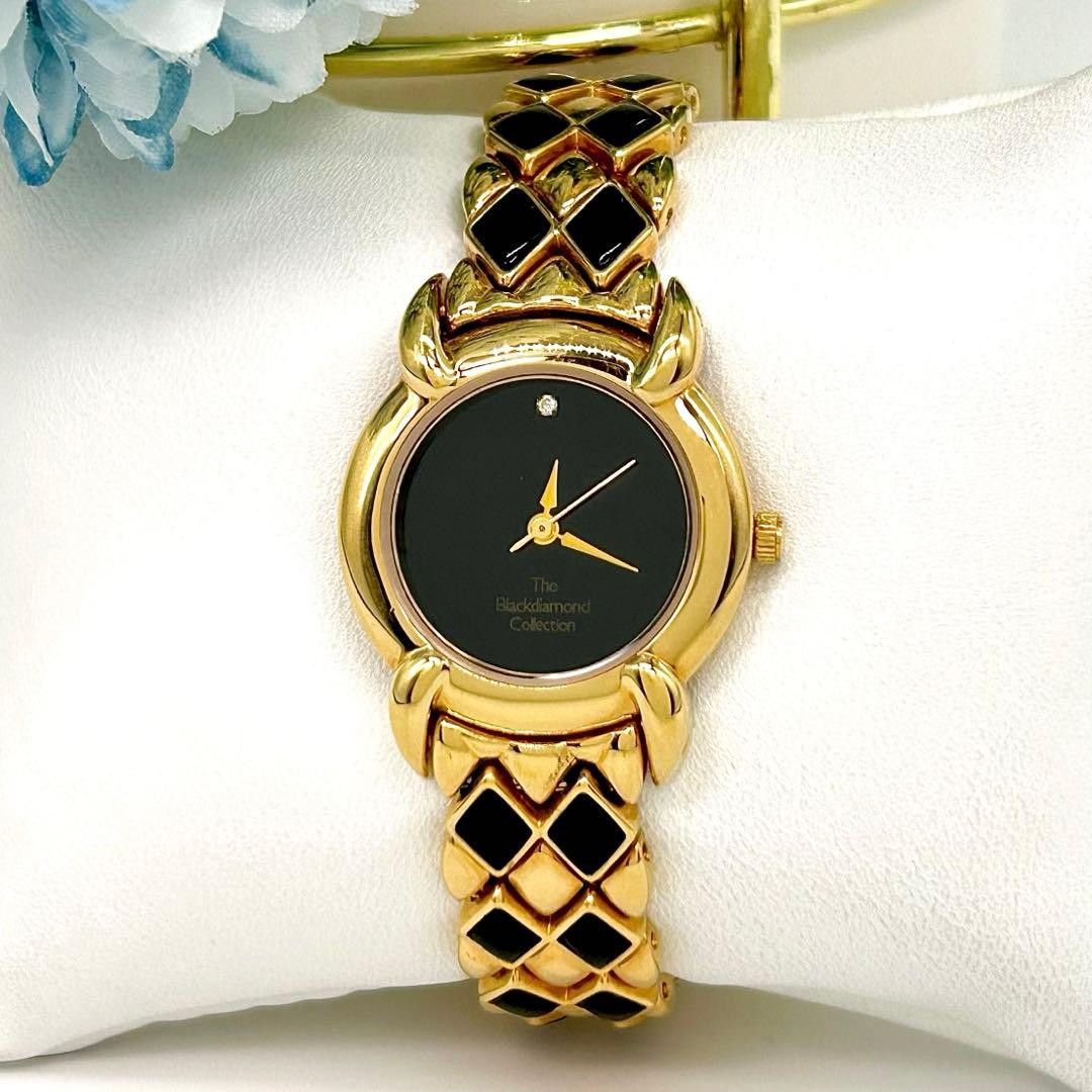 Franklin Mint Diamond Black Quartz Watch Gold/Black Used