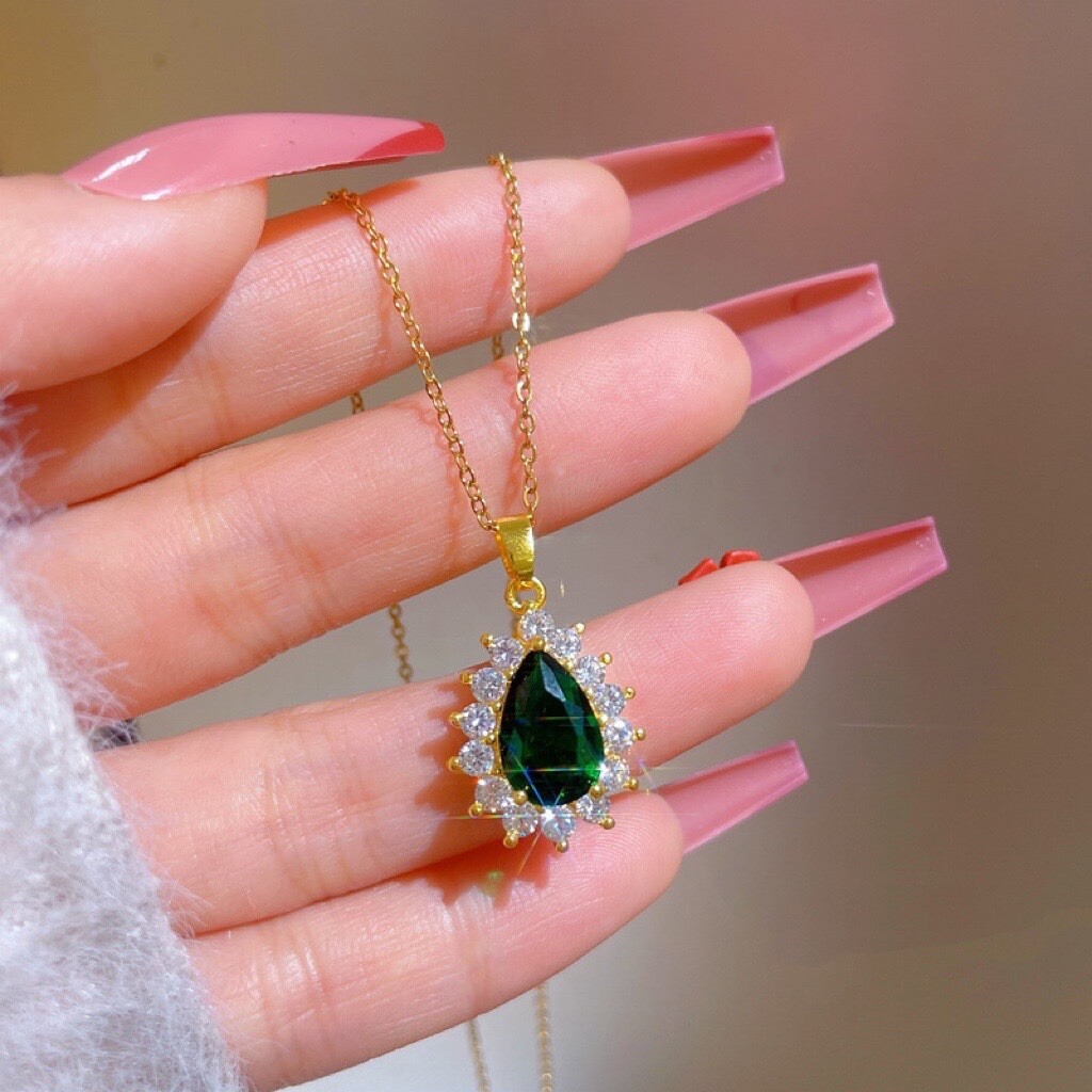 18K Gold Plated Crystal Teardrop Emerald Pendant Necklace for Women Gifts