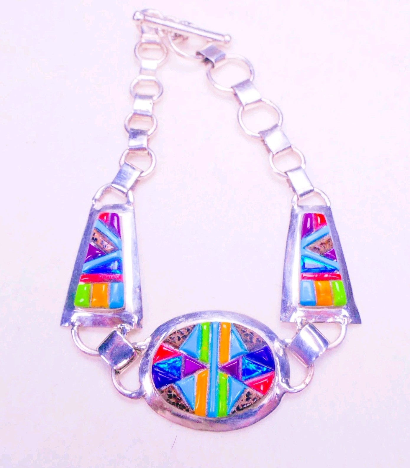Native Sterling Silver Multi-Gemstone Inlay Cobblestone Toggle Bracelet 17.55g
