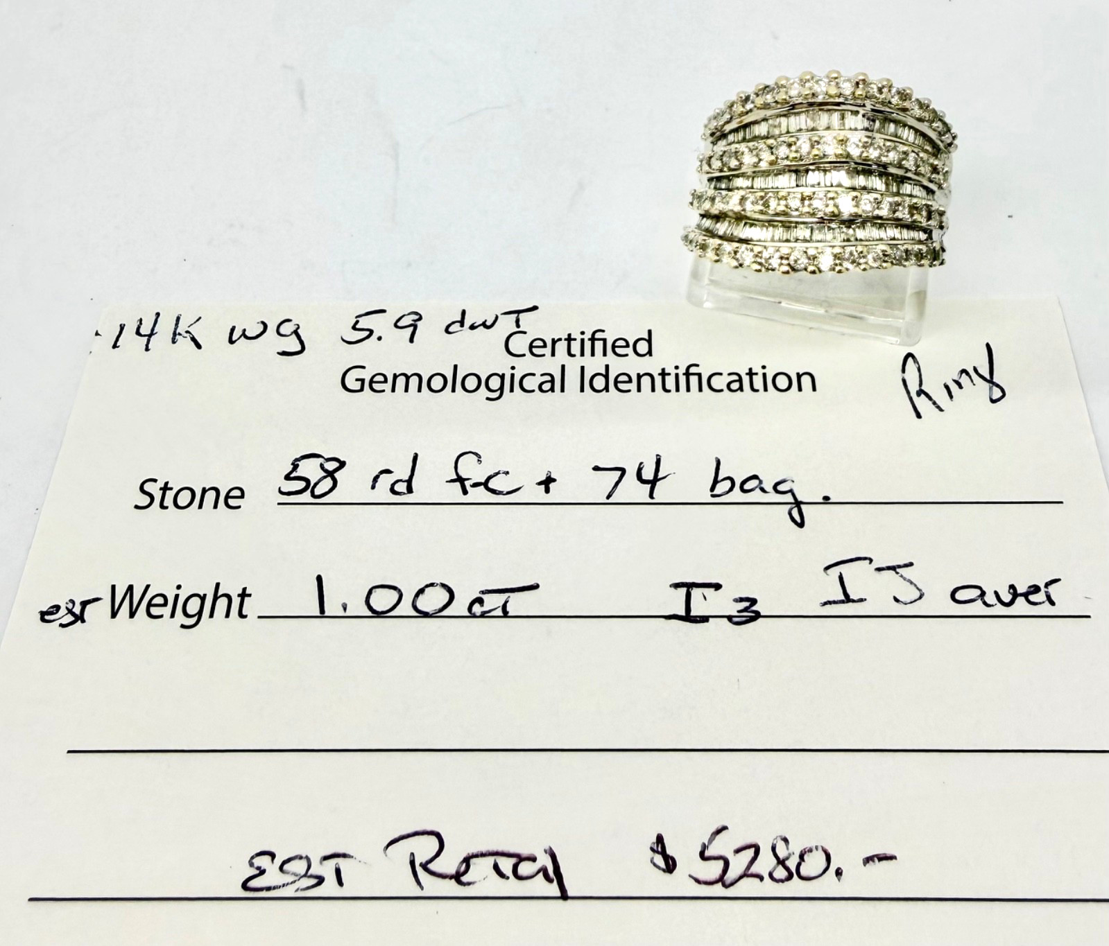 1.00 tcw Natural Diamond Wide Layered Wave Ring 14k White Gold w/Card Appraisal