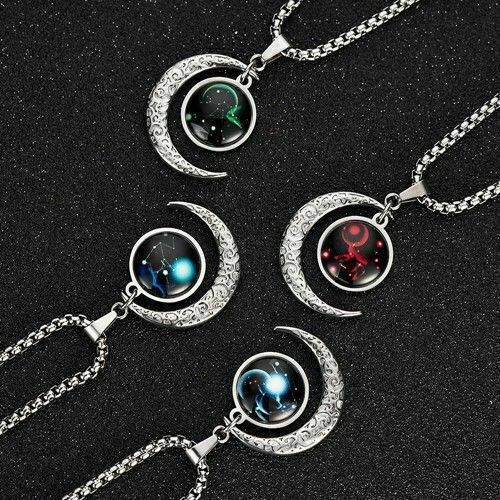 Moon Shaped Zodiac Sign Necklace Horoscope Astrological Pendant with 17″ Chain