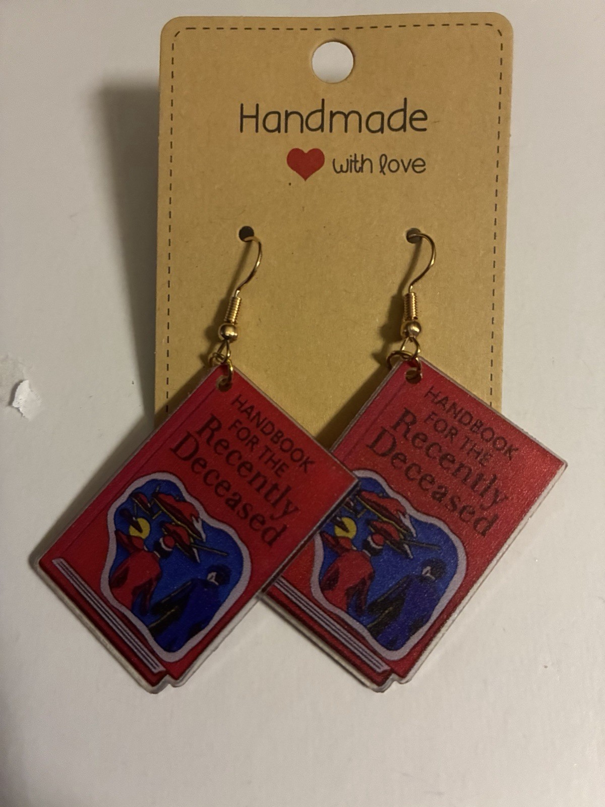 Handmade Red ‘Handbook for the Recently Deceased’ Book Earrings