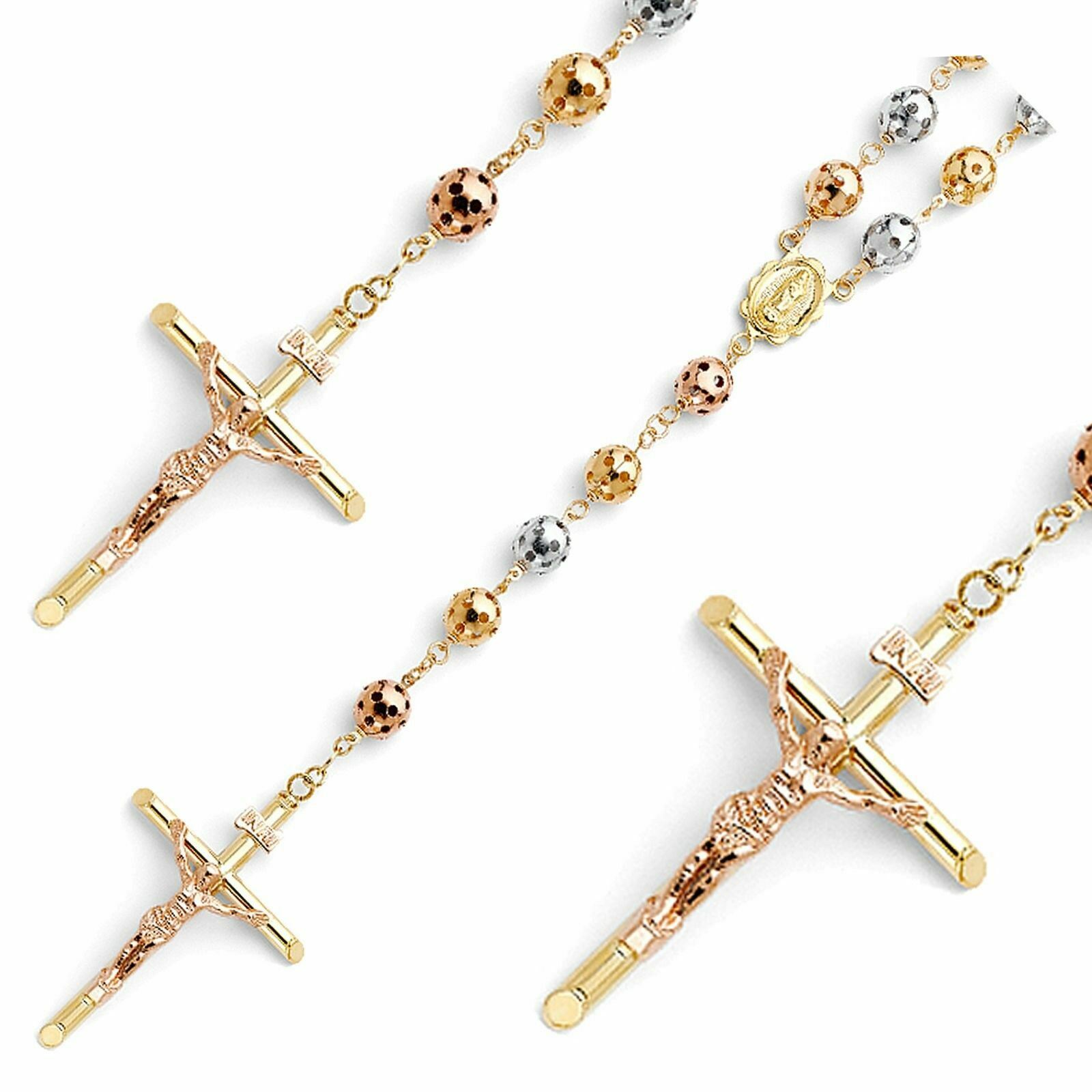 14k tri-color gold 8mm puff ball virgin GUADALUPE ROSARY necklace Rosario 36.3 g