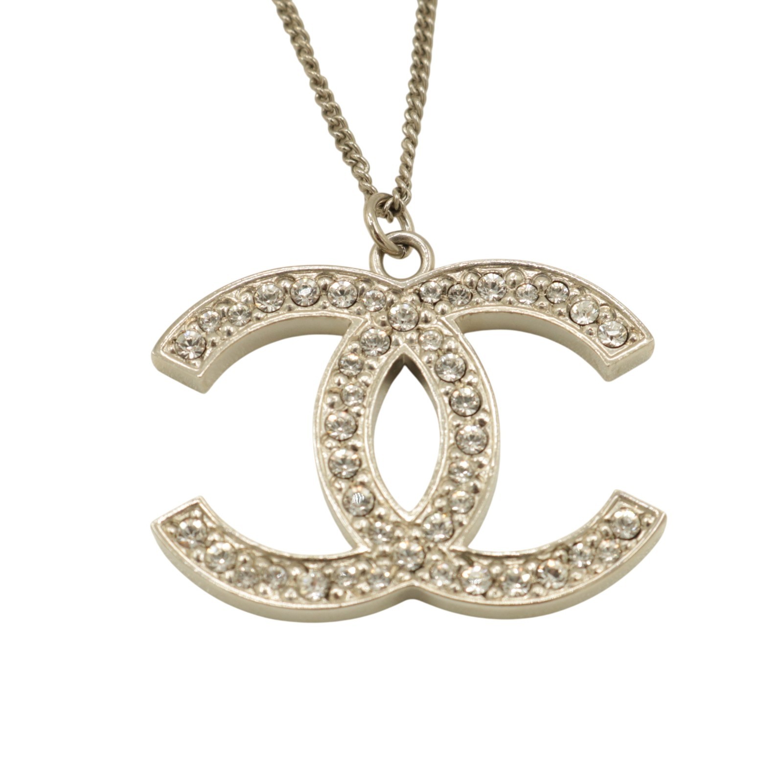 Auth CHANEL Coco Mark CC Logo Rhinestone Pendant Necklace Silver Tone
