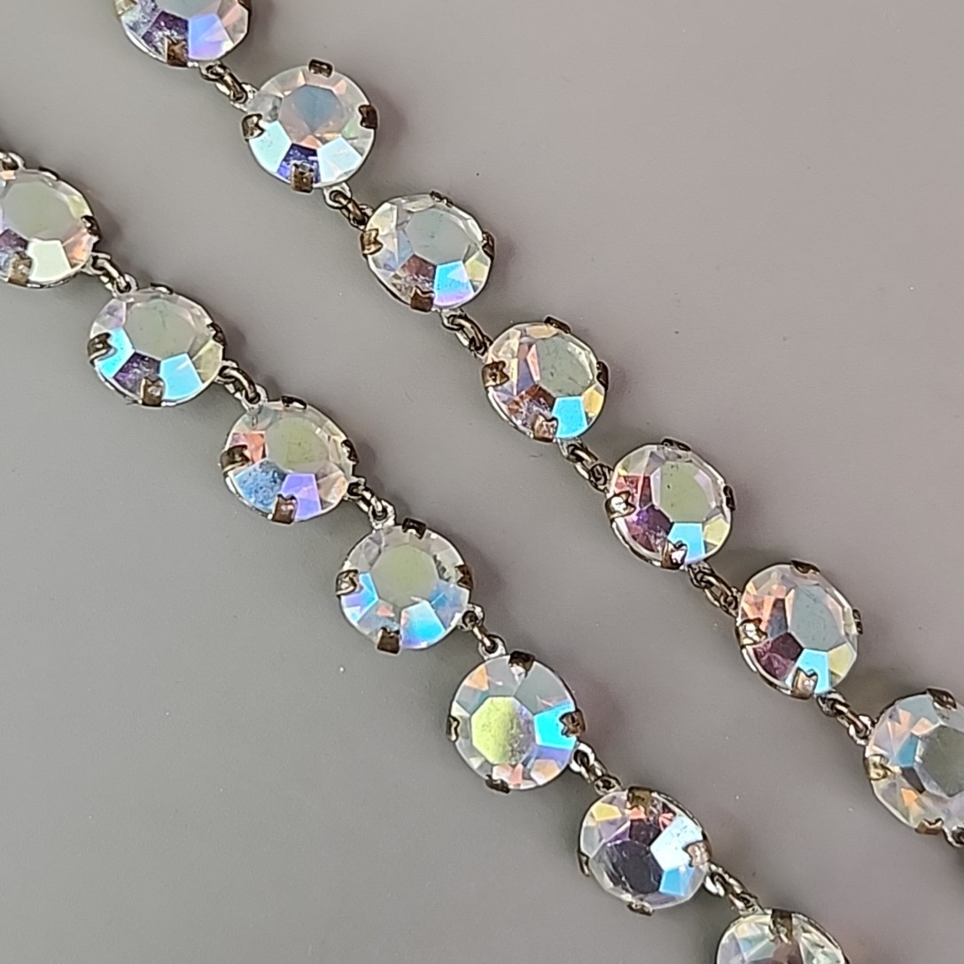 Vintage Open Bezel Necklace Aurora Borealis Round Linked Beads 17″