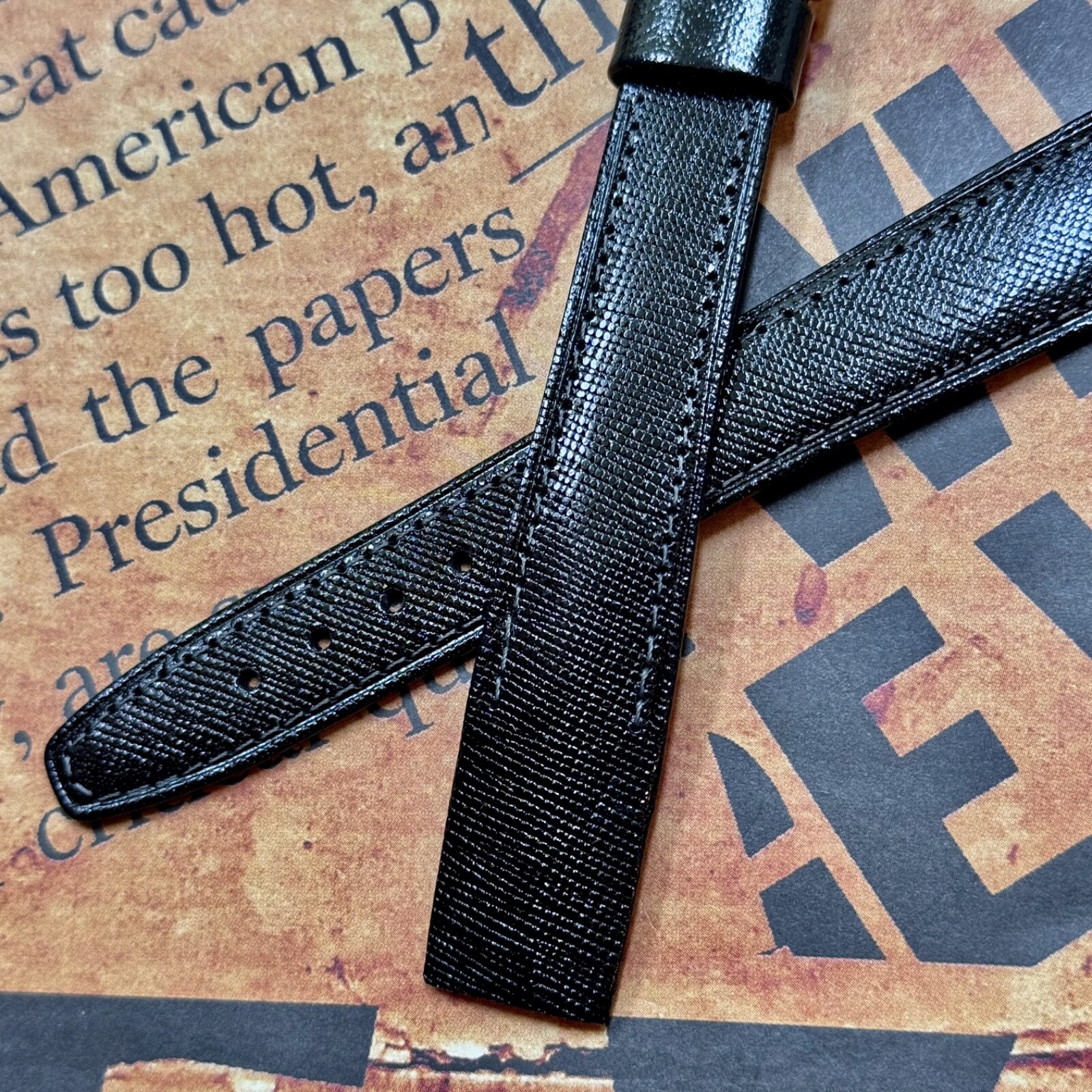 Black textured stitched leather 17mm open-ended vintage watch band rare size NOS
