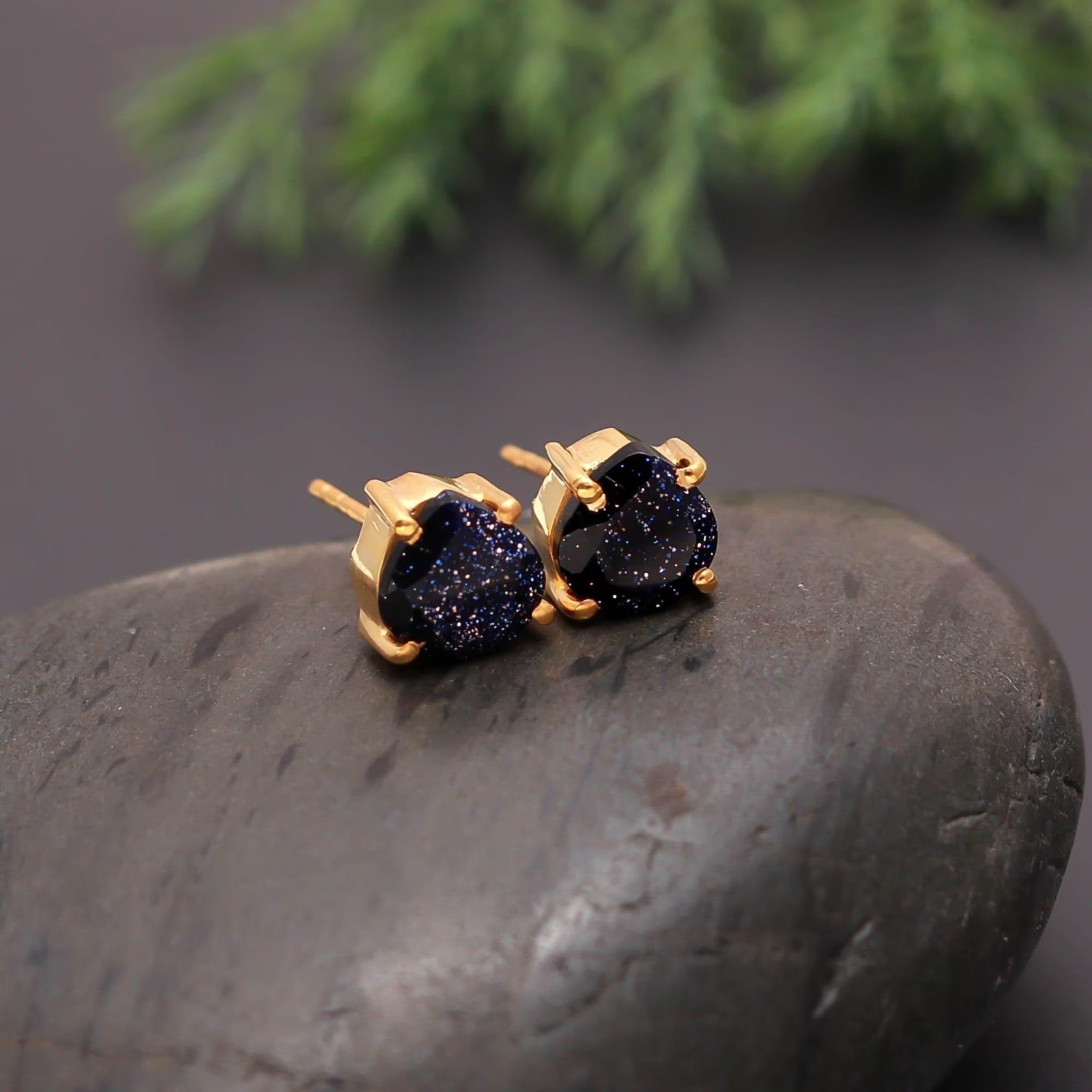 Blue Sandstone Stud Heart Stud Earrings 925 Sterling Silver Gold Plated Jewelry