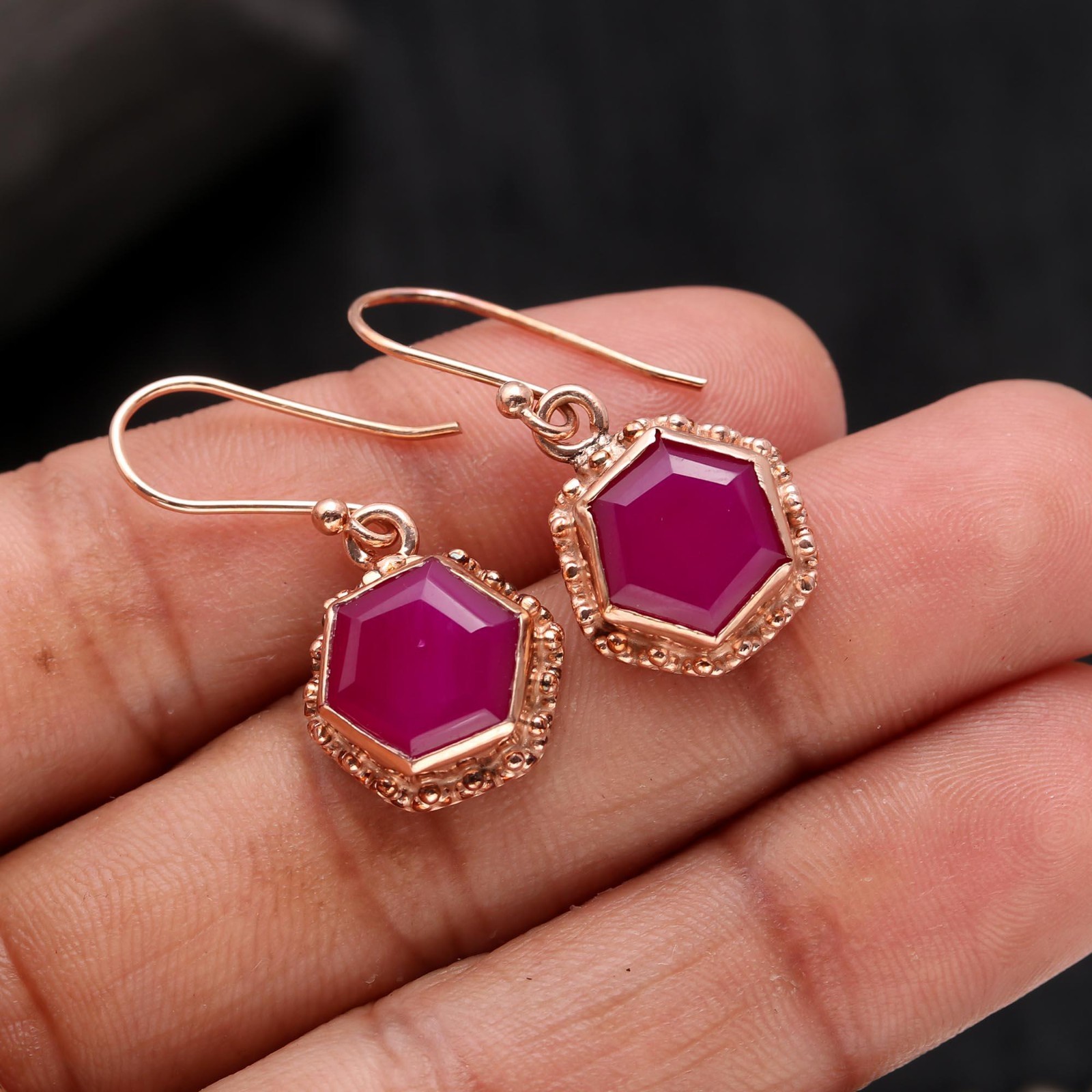 Natural Pink Chalcedony Hexagon Earrings Rose Gold Plated Solid Silver Jewelry