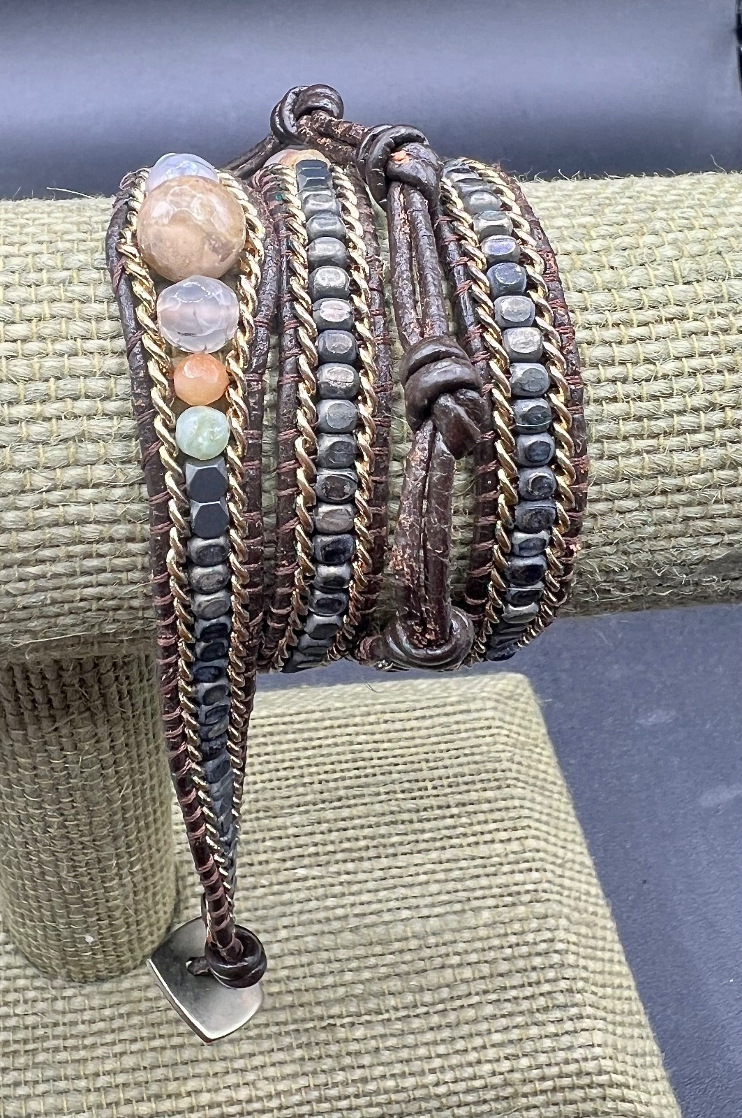 Nakamol Chicago Real Leather Brown Gemstone Silver Bead Wrap Bracelet 21″