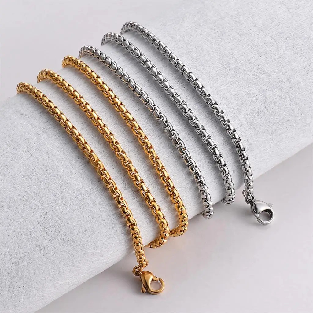 Hip Hop Necklaces For Men Stainless Steel Necklace 3MM Square Pearl Choker Gold
