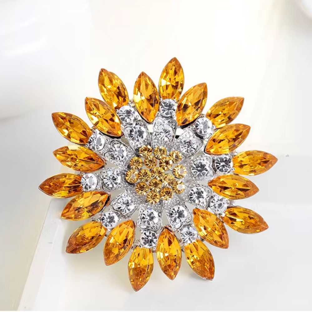Luxury Sunflower Brooch Rhinestone Crystal Yellow Flower Pin Jewelry Summer Gift