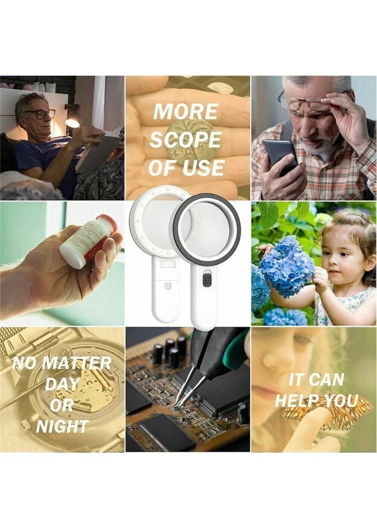 30X Jumbo Handheld Magnifying Glass w/ 12 Bright LED Light Illuminated Magnifier