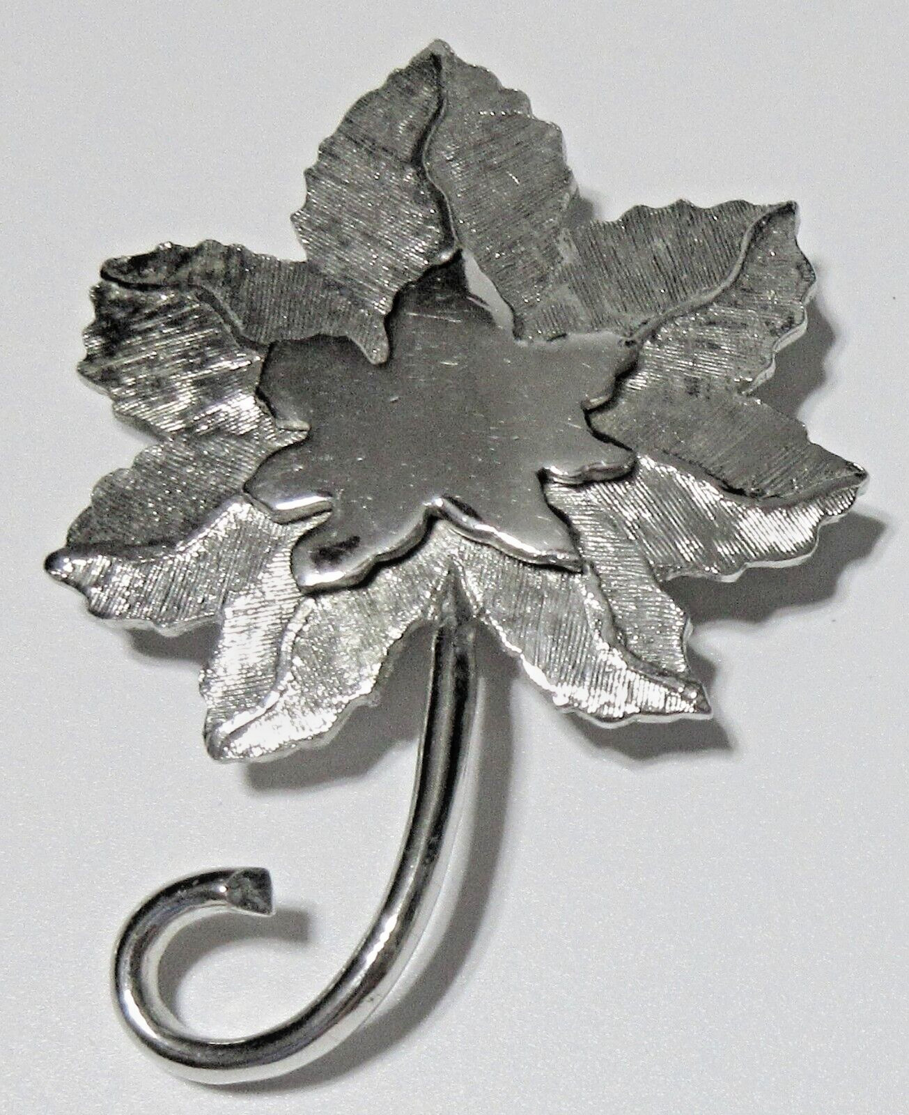 Vtg SIGNED ROGET TM big large Leaf LAYERED Brooch Pin textured silver tone metal