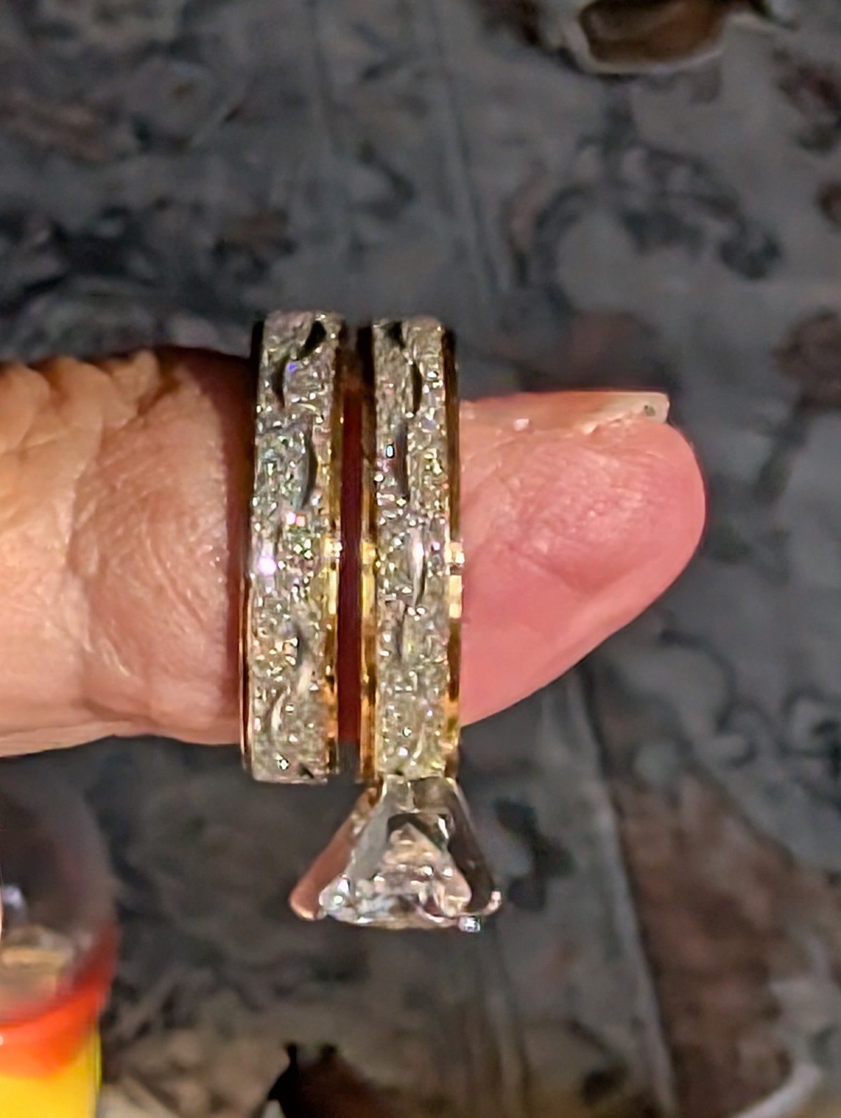 Gold & Silver Color Engagement & Wedding Ring Set – Created Diamond, Etched