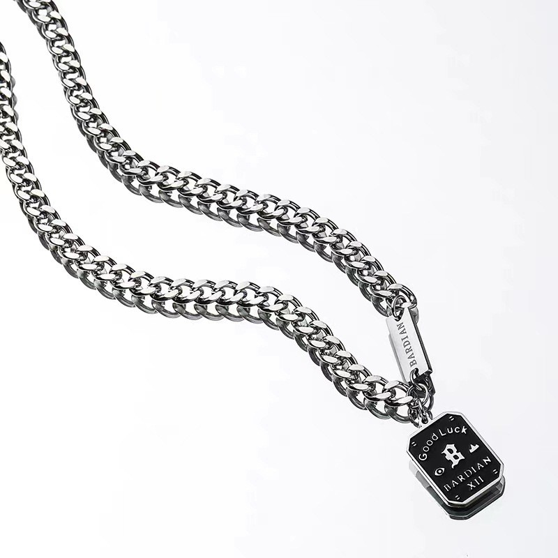 Minimal Figaro Chain Tag Pendant Necklace Stainless Silver Tone Unisex Jewelry