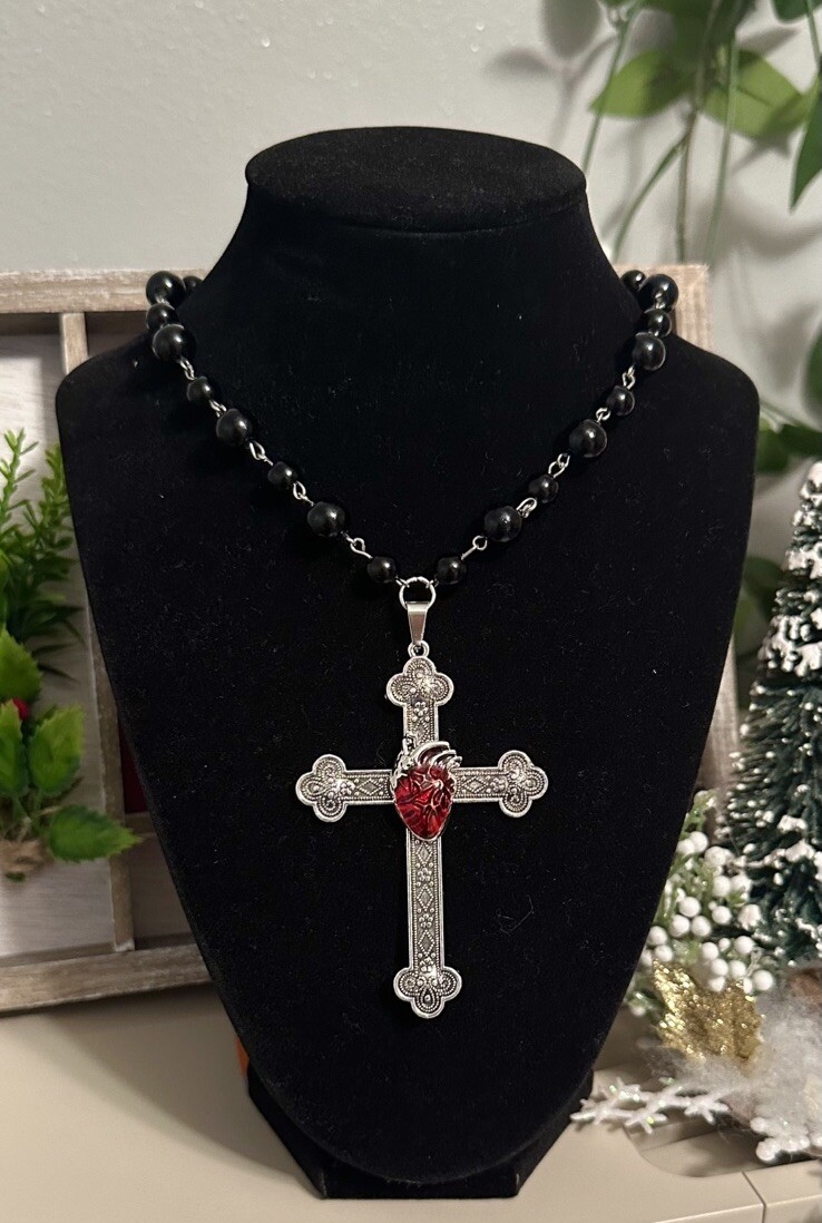 Large Victorian Cross Necklace Chain Silver Religious Gothic Grunch Whimsgoth