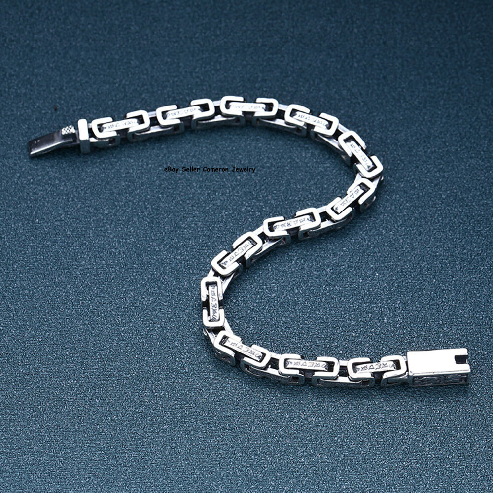 Pure S925 Sterling Silver Chain 5mm Six Words Byzantine Link Bracelet 7.1-7.9in