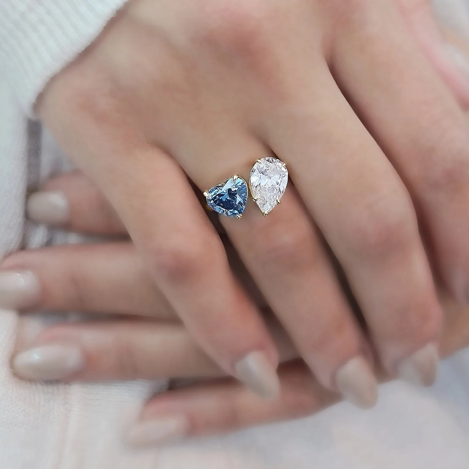 3.00 Ct Heart&Pear Cut 18K Yellow Gold Lab Grown Fancy Intense Blue Diamond Ring