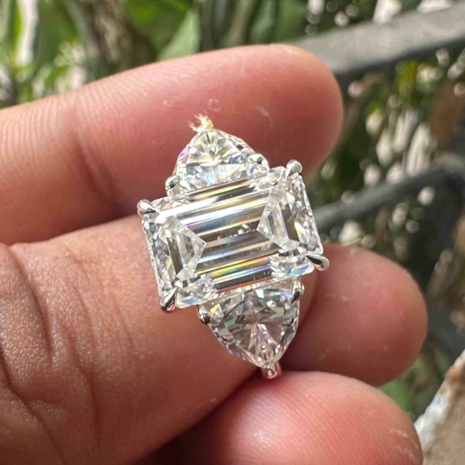 5.99 CTW Emerald Cut Moissanite Trilogy Anniversary Ring 14K White Gold Plated