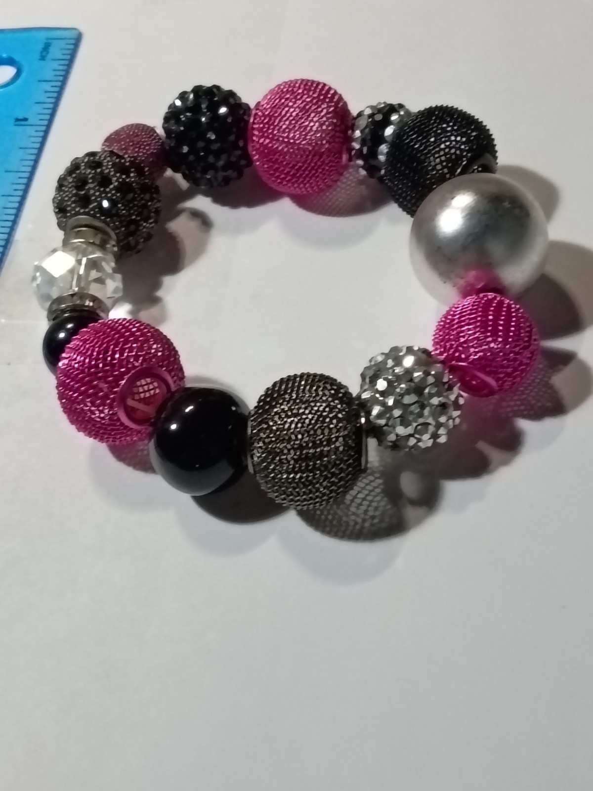 Pink Black Silver Tone Beaded Stretch Bracelet Clear Round Crystal Rhinestone