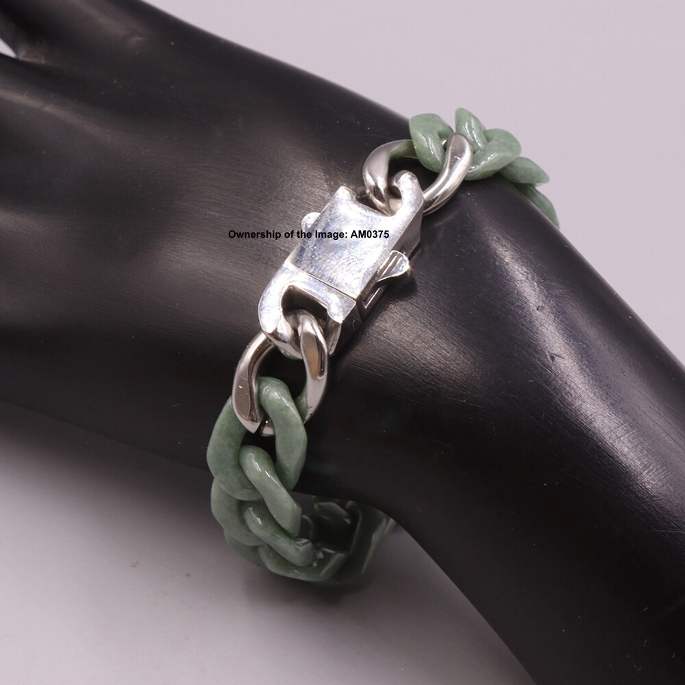 Natural Grade A Green Jade Curb Cuban Bracelet For Men 12mm Width Fit 7.48INCH