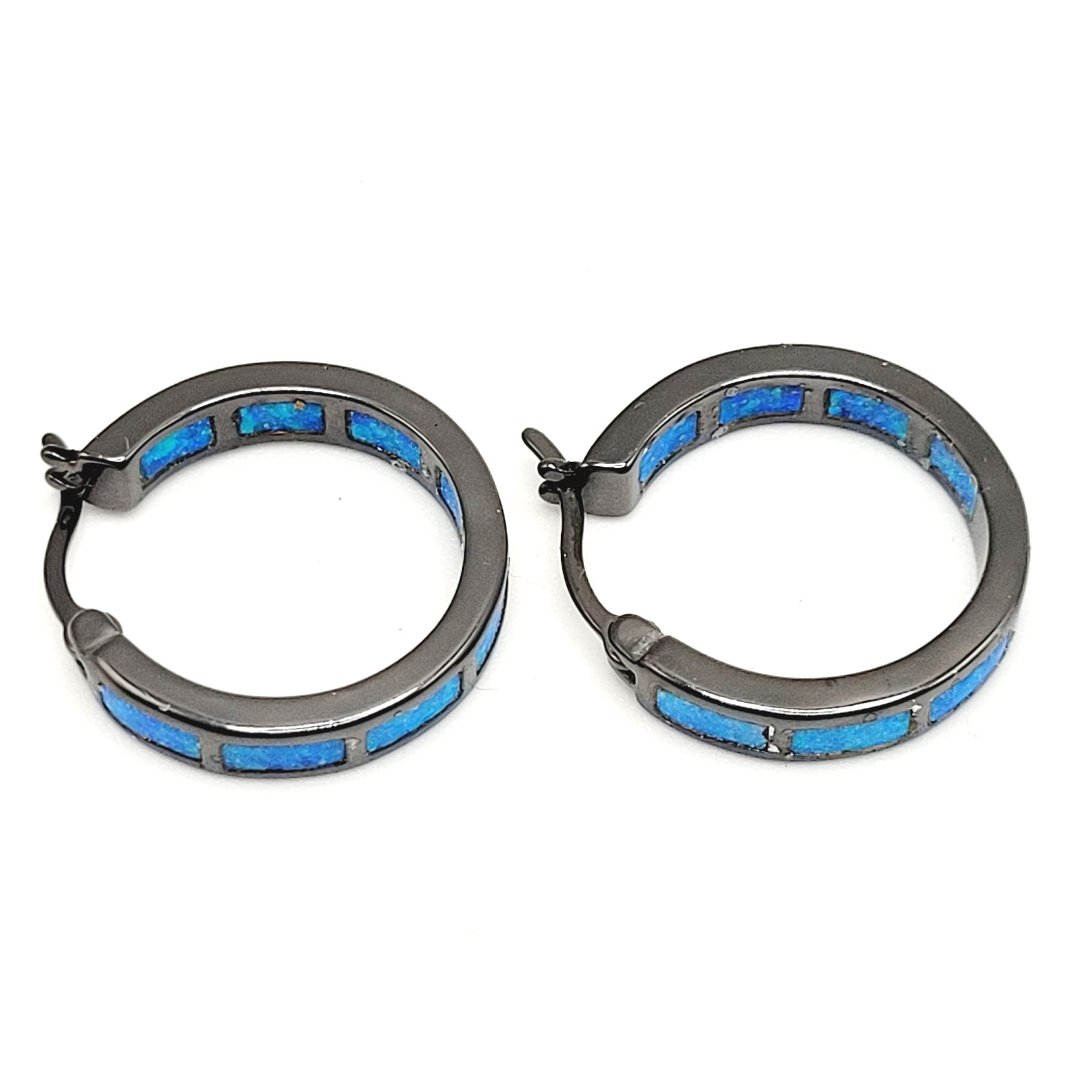 Blue Shade Opal Lab Created Inlay Dark Gunmetal Tone Small Hoop Pierced Earrings