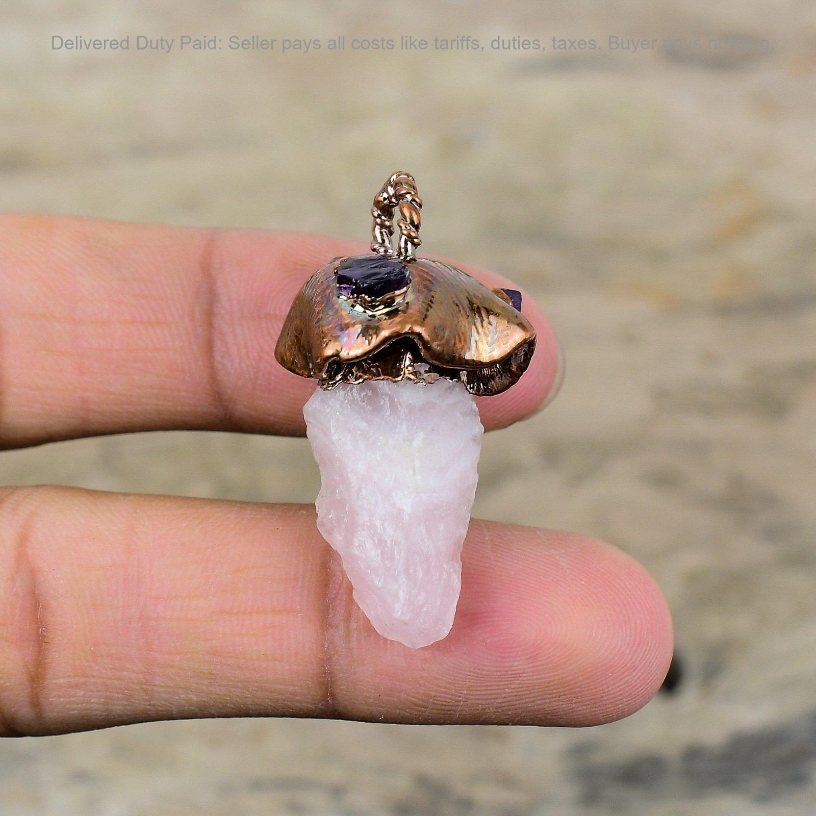 Copper Pentagon Rose Quartz Rough Gemstone Sister Birthday Electroformed Pendant