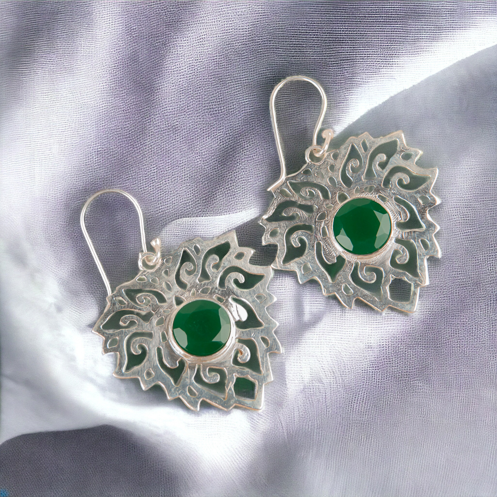 Green Onyx Filigree Dangle Earrings 925 Solid Silver Handmade Jewelry For Gift